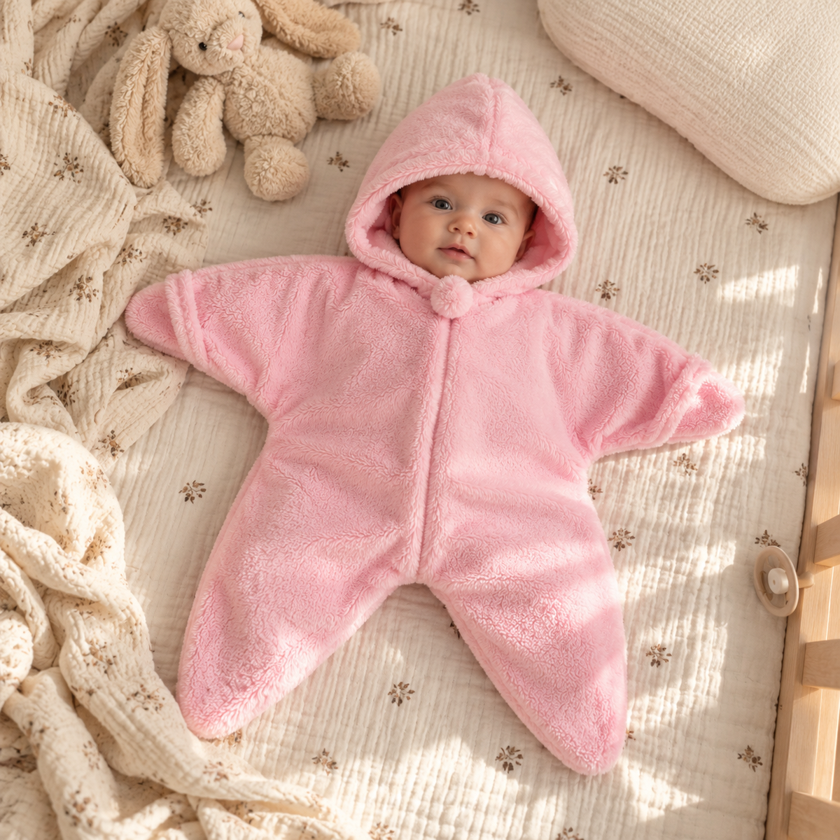 Bébé en combinaison étoile rose poudré dans un cocon douillet