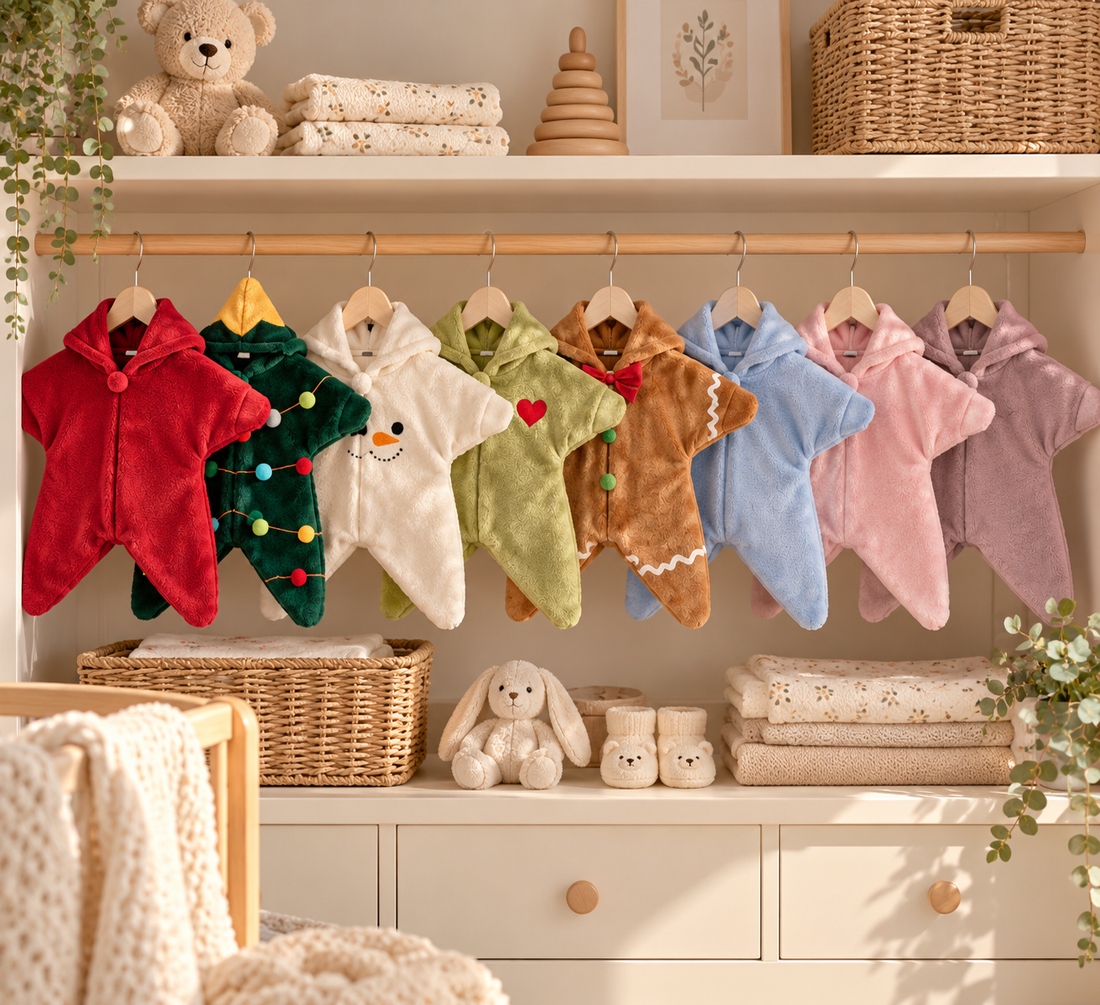 Chambre de bébé décorée pour Noël avec combinaisons étoile