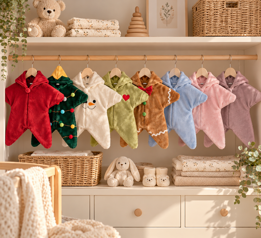 Chambre de bébé décorée pour Noël avec combinaisons étoile