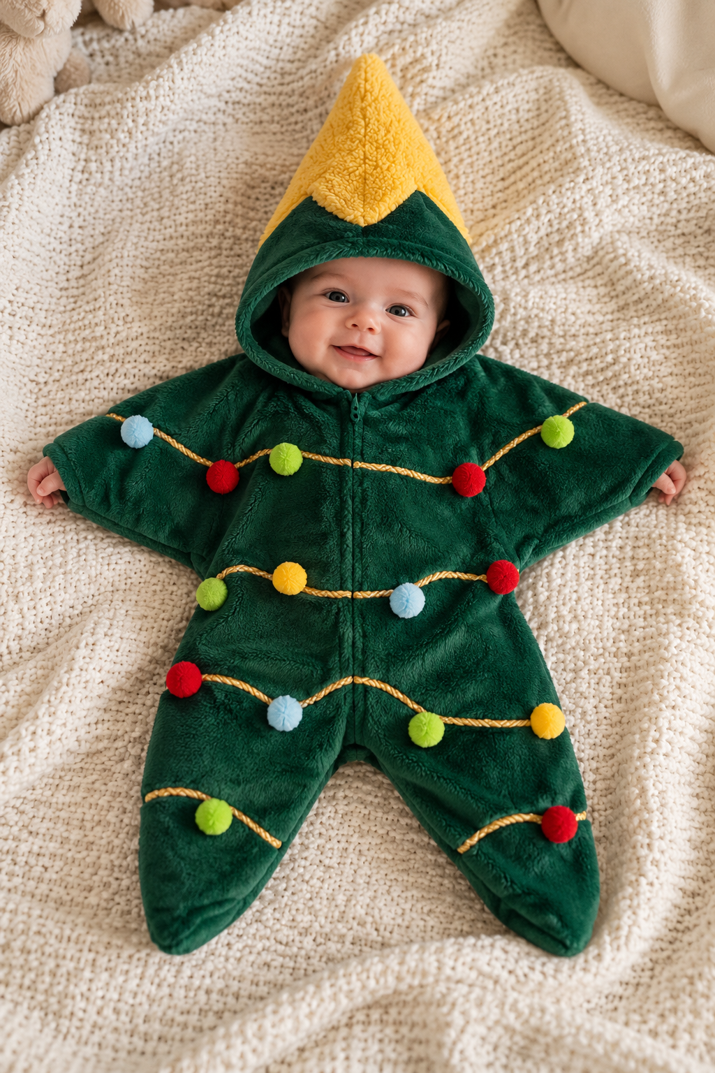 Bébé allongé sur un plaid en combinaison de Noël étoile modèle sapin avec pompons