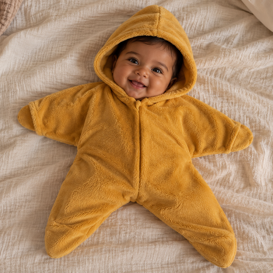 Bébé en combinaison étoile douce couleur moutarde