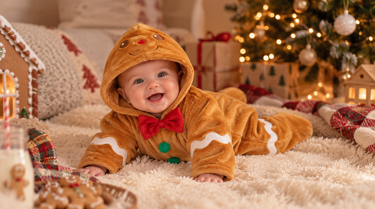 Bébé en combinaison étoile pain d'épice allongé sous le sapin de Noël